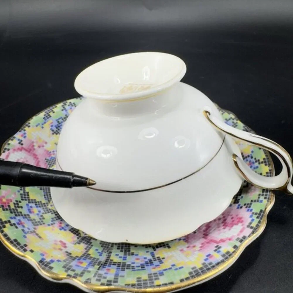 PARAGON Teacup‎ and Saucer Gingham Rose Needlepoint Pattern Porcelain Bone China